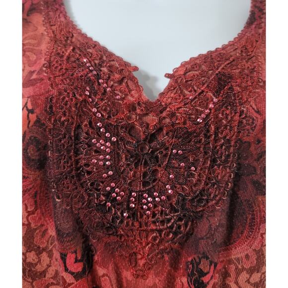 World Unity Red Burgundy Lace Bodice Rhinestone Top Large Lightweight Stretchy - Picture 5 of 6